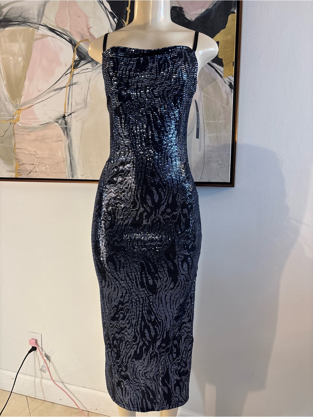 bebe Navy Sequin Midi Bodycon Dress